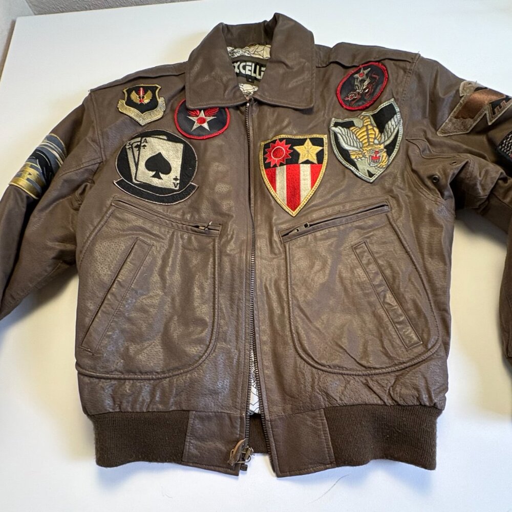 Vintage 80s Excelled Leather Bomber Jacket Patched Top Gun Flight A-2 Map Lining - Picture 2 of 12